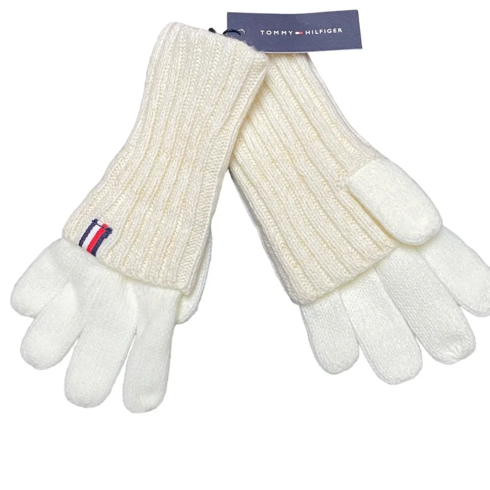 Tommy Hilfiger Women Cream Ribbed‎ Knit Gloves with Logo Detail 1 size NWT